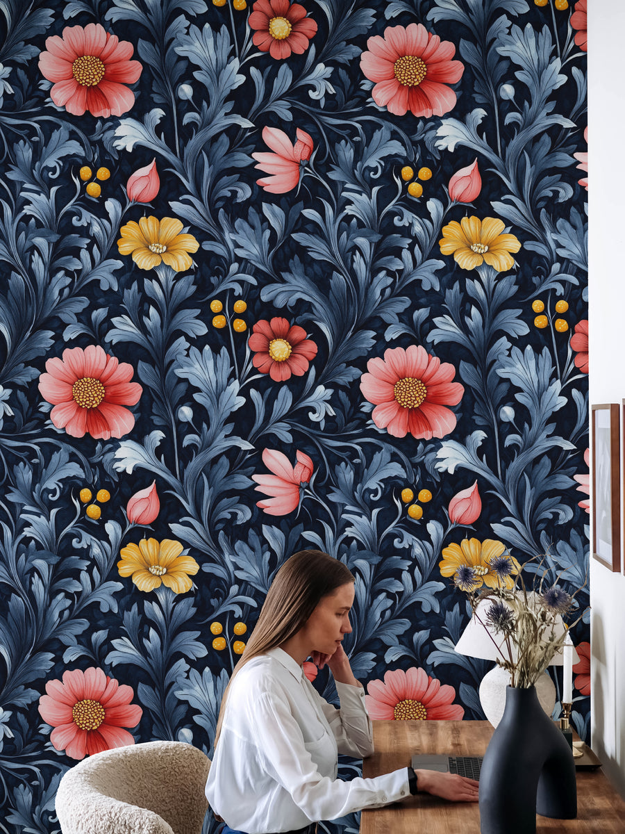 Navy Floral Peel and Stick Wall Decor with Coral Blooms Seamless Pattern Wallpaper