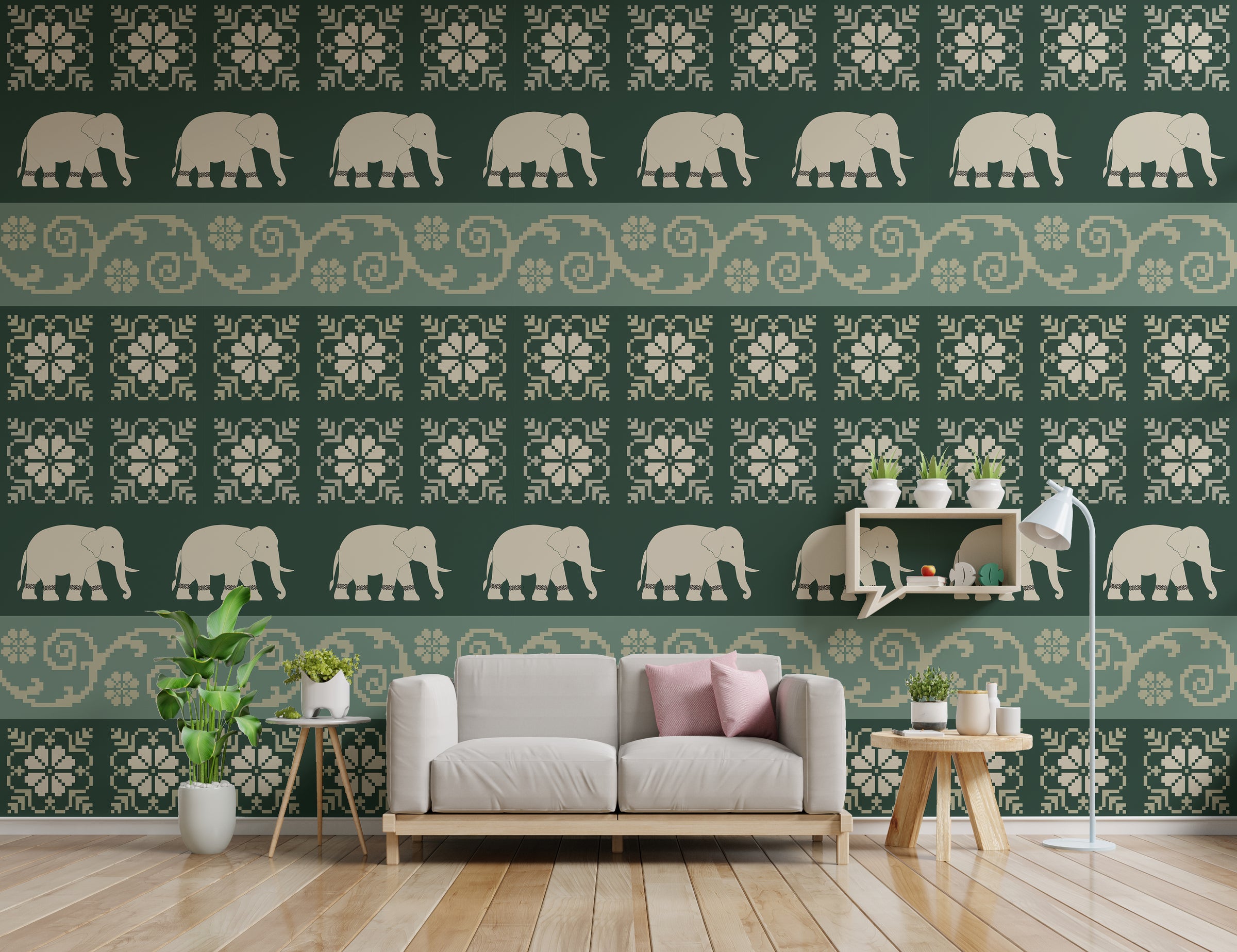 Green elephant wall mural traditional pattern for elegant living room interior