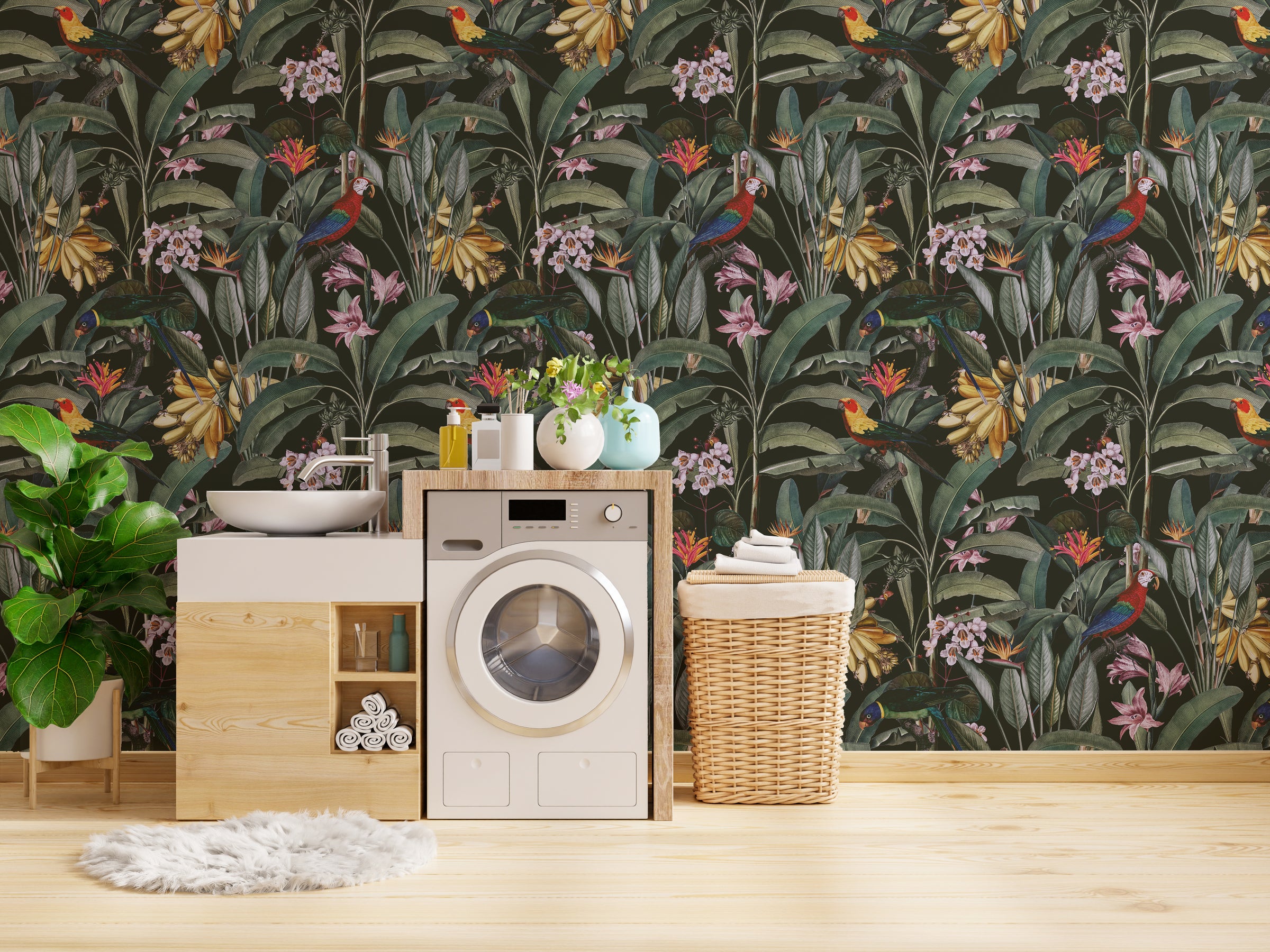 Tropical Parrot Design | Colorful Green Floral Peel and Stick Wallpaper