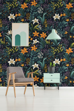 Botanical floral design with greenery and lilies for kids room or creative study space