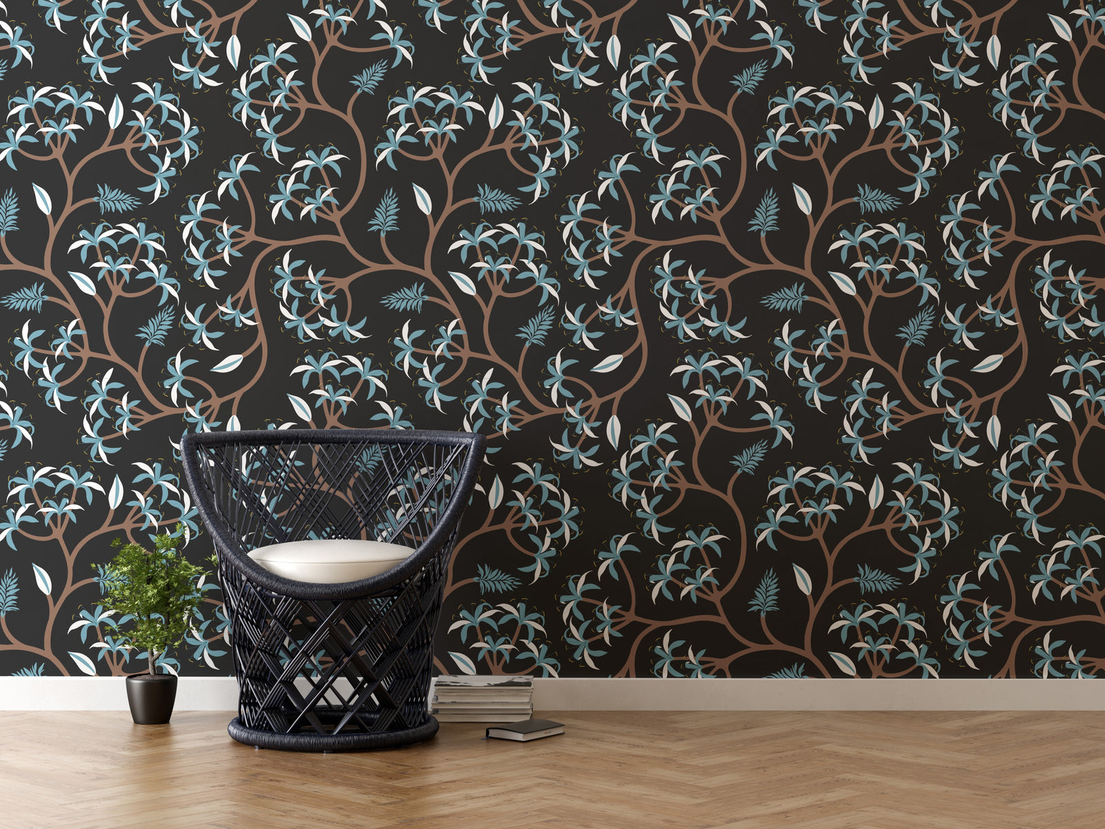 Trendy apartment living space accent wall wallpaper with dark floral vine and blue leaf highlights