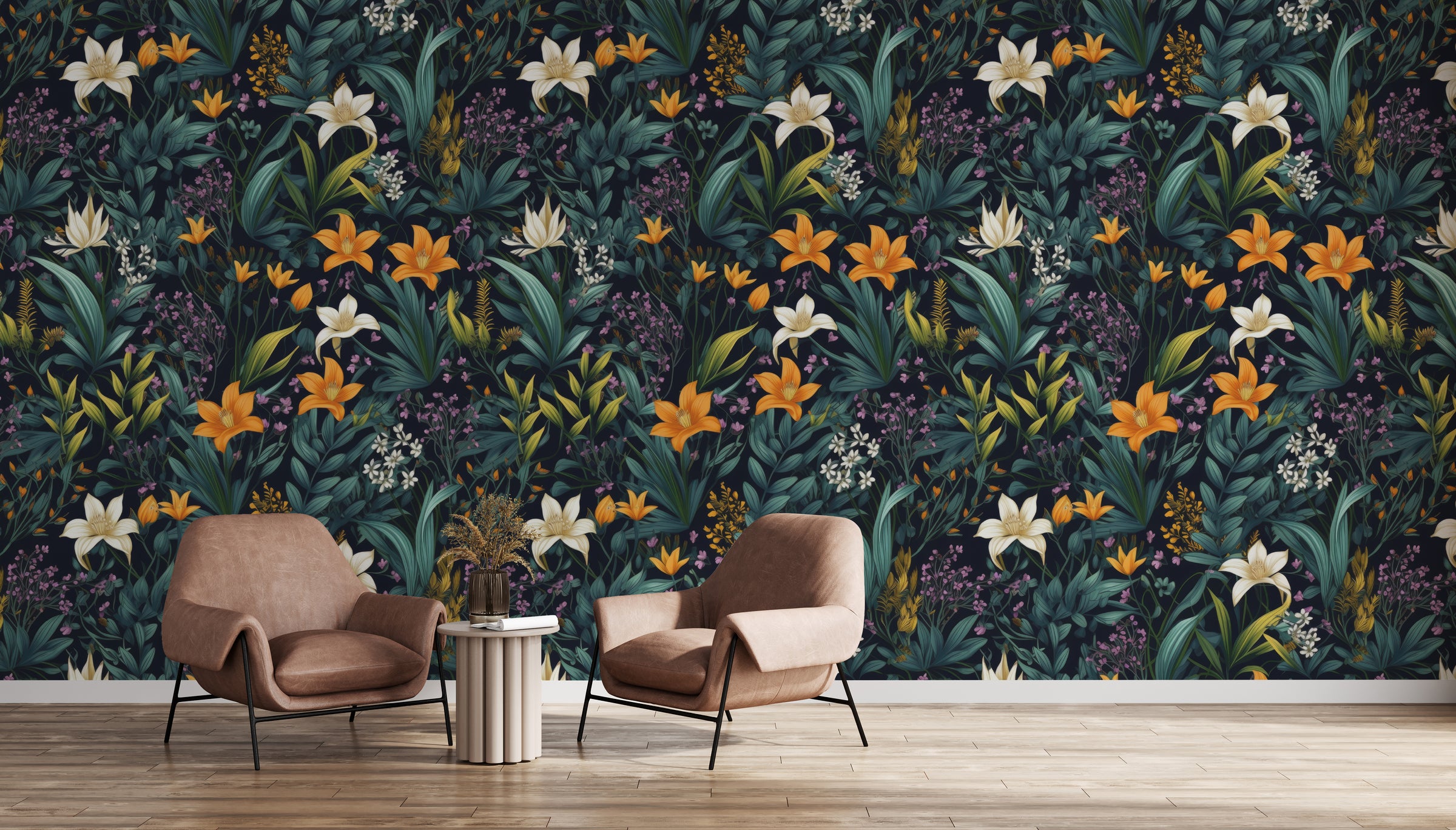 Tropical floral design with green leaves creating warm and inviting guest room interiors
