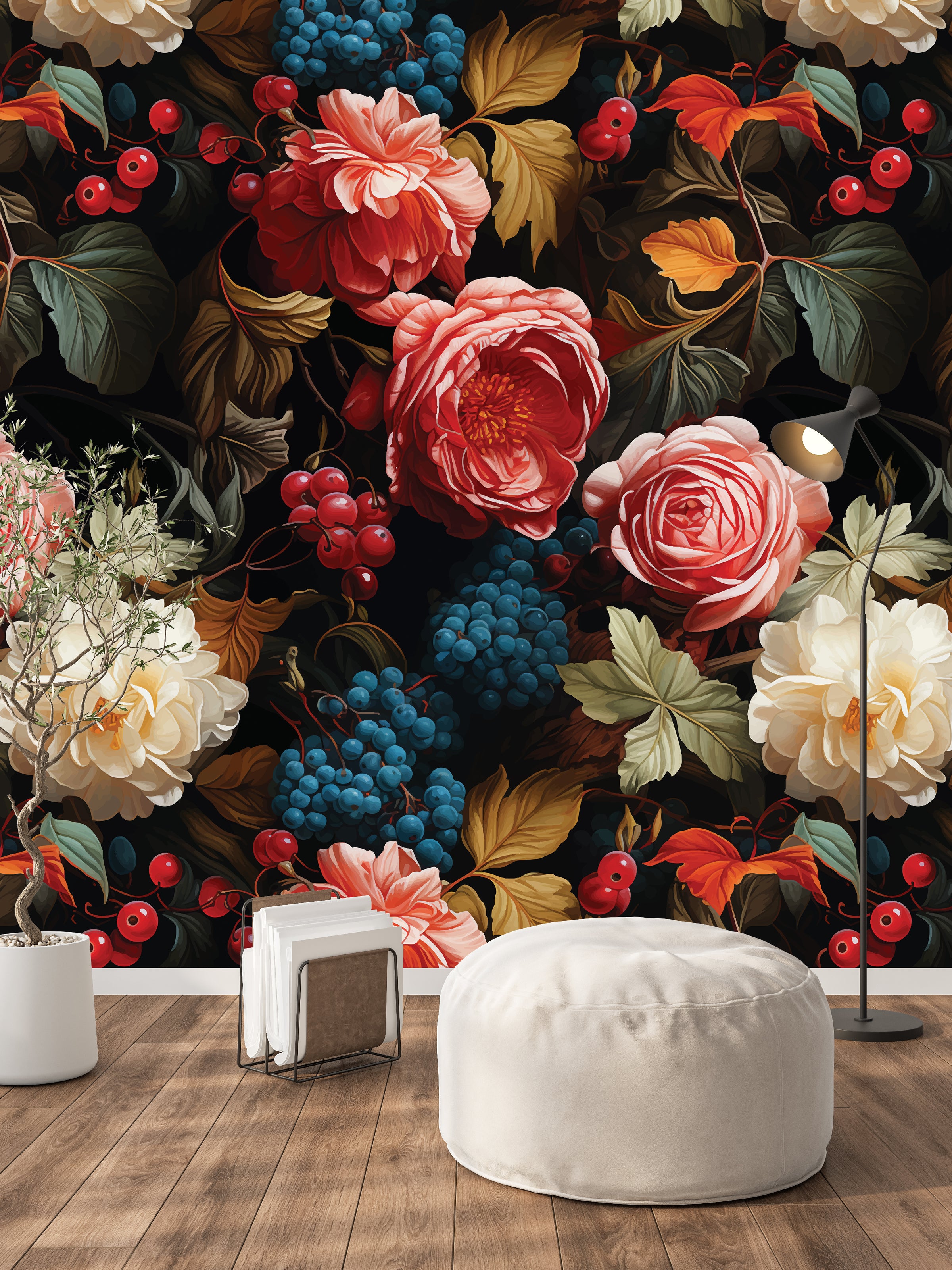 Dramatic botanical wall mural with deep red roses and blue berries for luxury living room