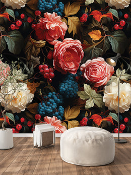 Dramatic botanical wall mural with deep red roses and blue berries for luxury living room
