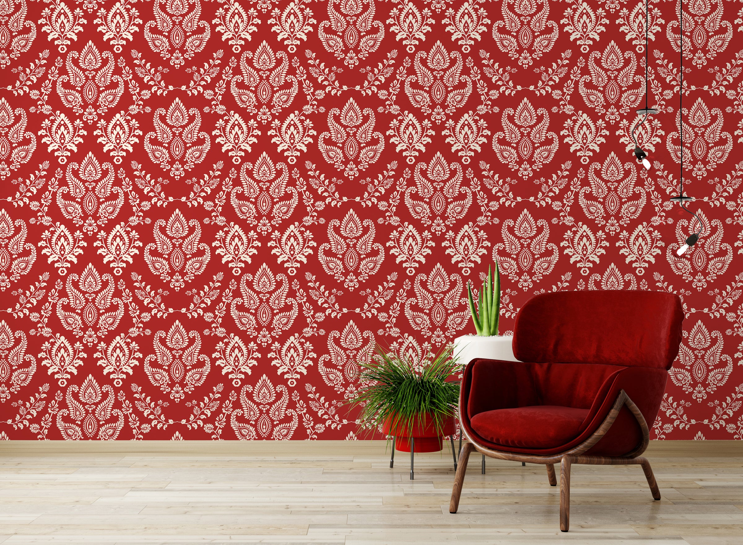 Elegant red damask pattern wall covering enhancing sophisticated living room interior ambiance
