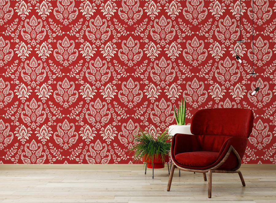 Elegant Damask Wallpaper Deep Red and White Floral Removable Interior Decor