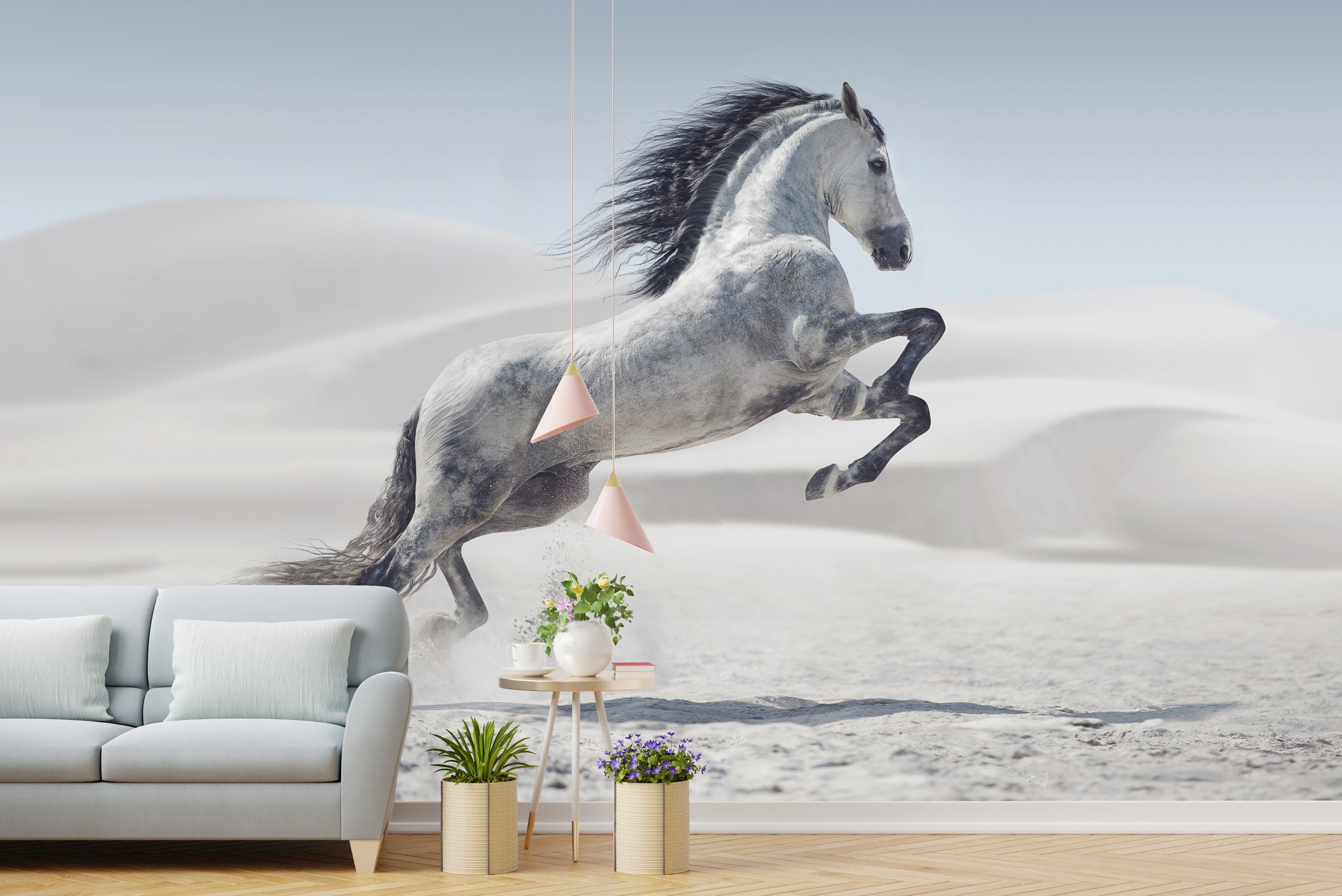 Elegant white horse artwork wallpaper mural installed on entryway statement wall creating welcoming foyer atmosphere with premium decorative character