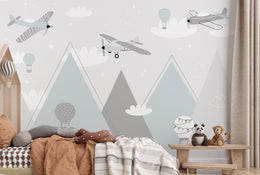 Mountain Adventure Gray Kids Mural | Airplane Air Balloon Removable Wallpaper