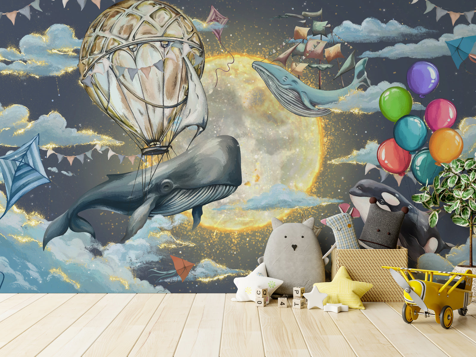 Creative baby room decoration with whimsical marine animal mural surrounded by clouds moonlight and soft atmospheric tones.