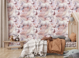 Fantasy unicorn wall art with pink clouds and stars for kids bedroom decor