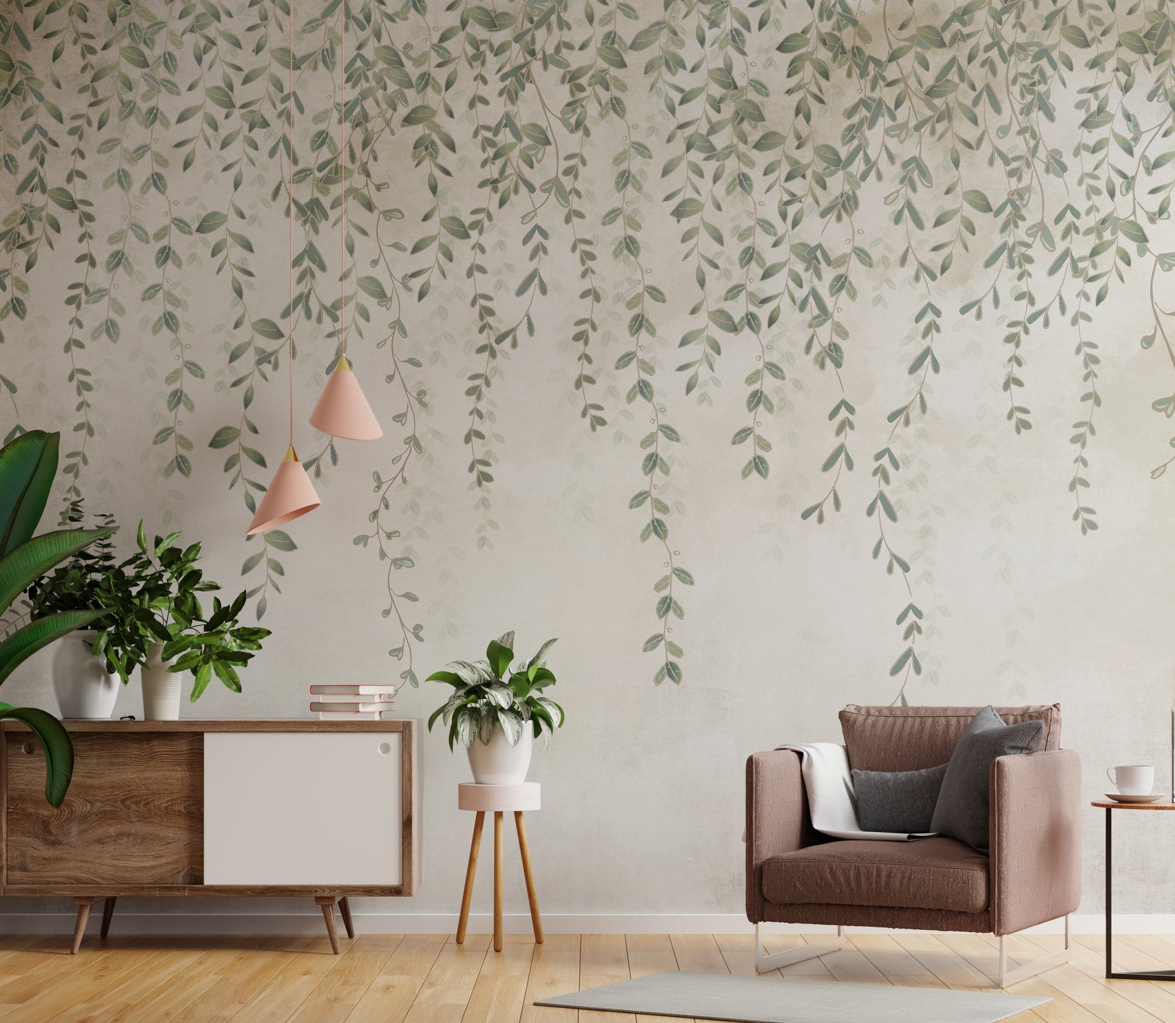 Foggy Hanging Leaves Wallpaper Murals