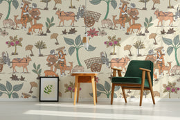 Traditional Indian wallpaper featuring rural life, cows, figures in warm beige for home office
