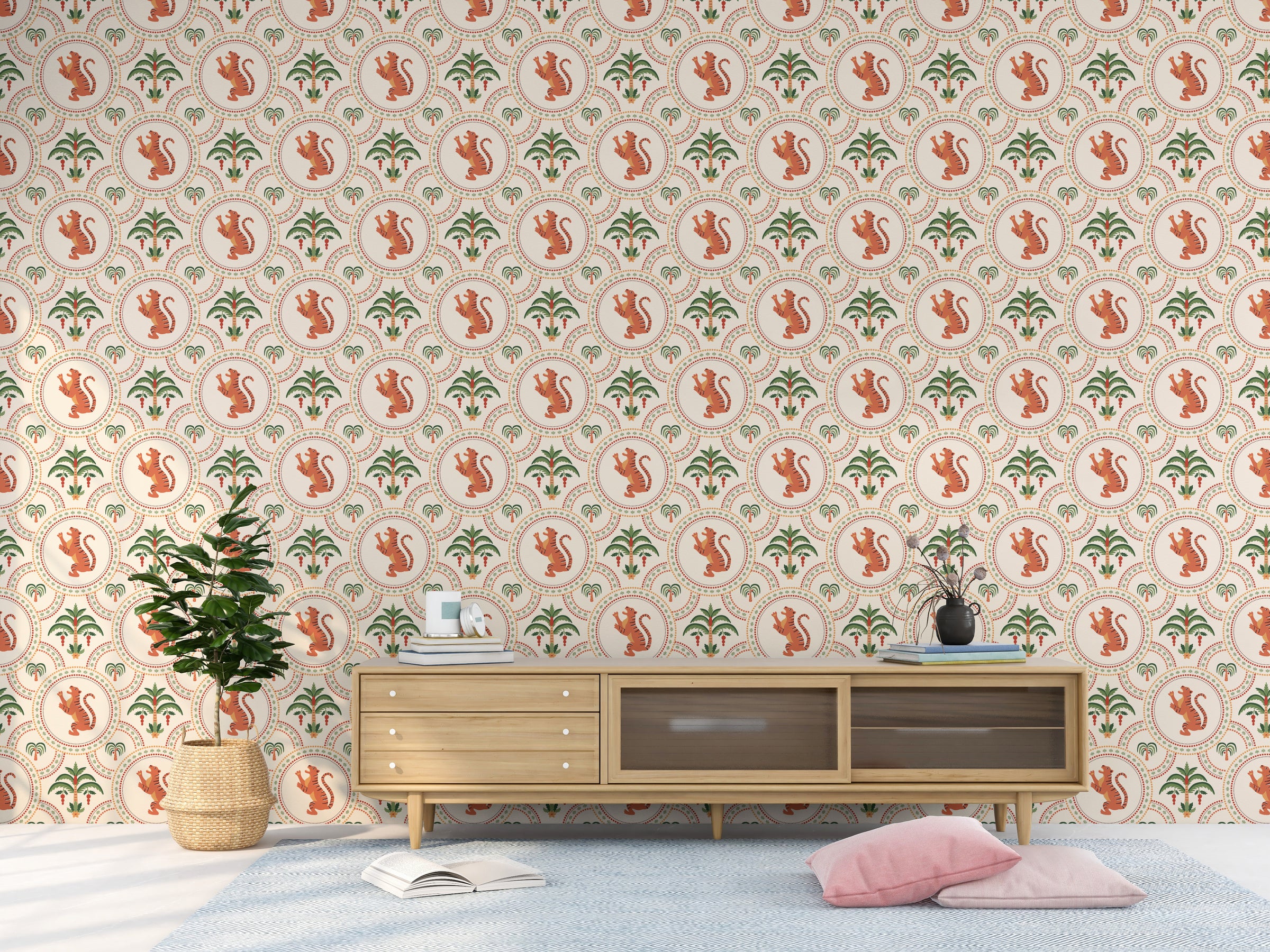 Tiger Jungle Peel and Stick Wallpaper | Terracotta And Green Safari Art | Vintage Style | Kids Room