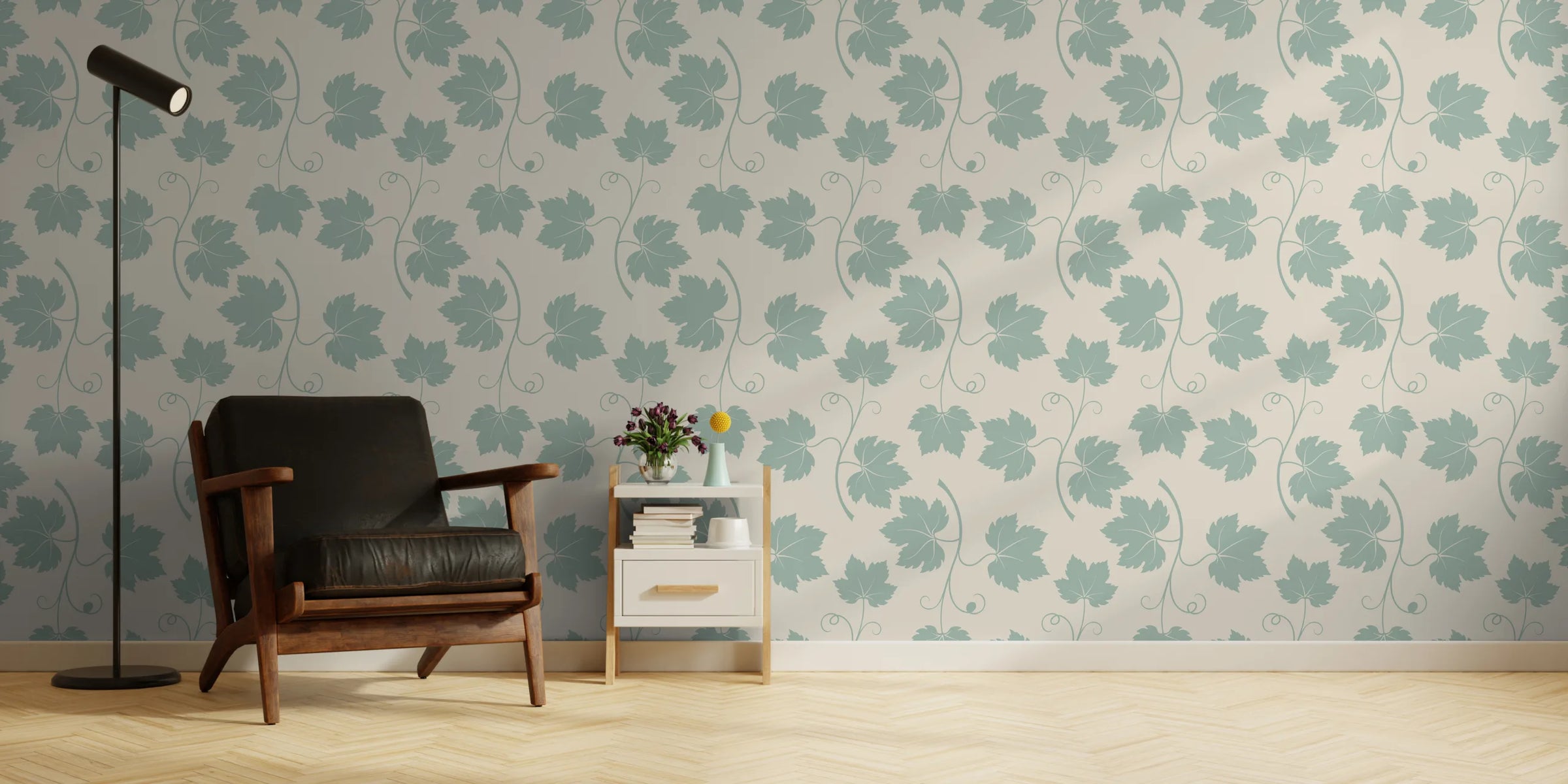 Sage Green Vine Leaf Wallpaper | Peel and Stick Wall Covering image 2