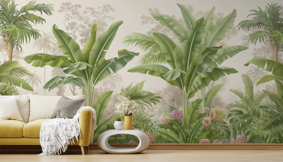 Tropical Botanical Wall Mural | Green Banana Leaf Peel And Stick Wallpaper
