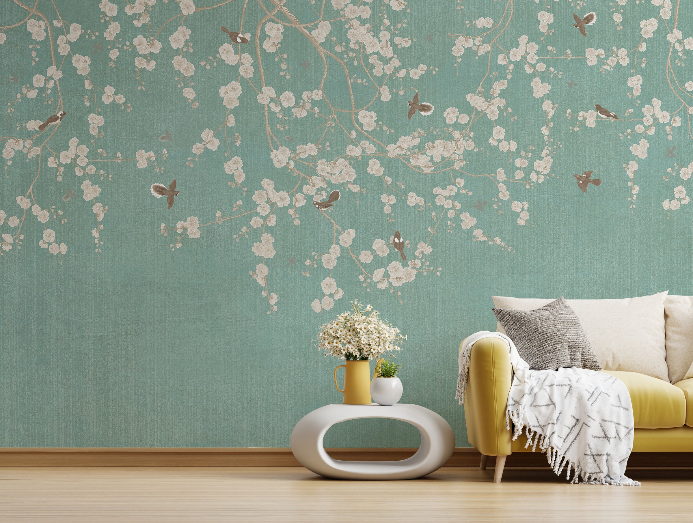 Branches Birds Green Design Vintage Wallpaper