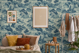 Scenic waterfall design in blue tones with forest details, modern bedroom statement wall style