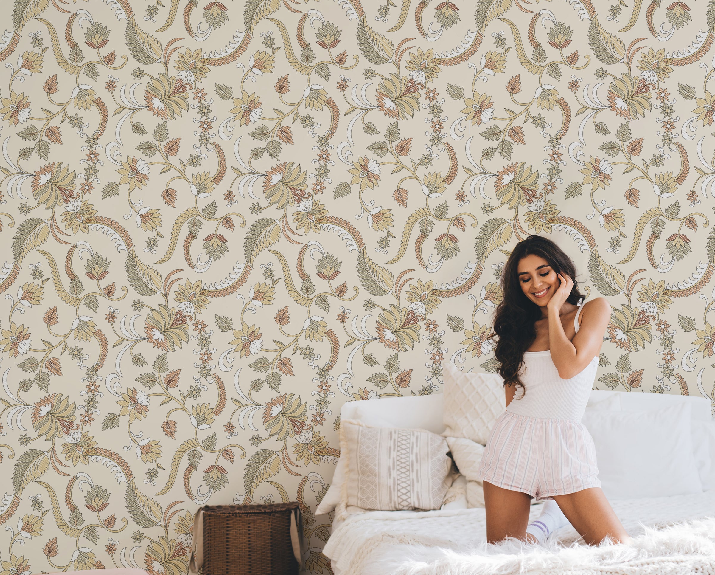 Vintage Beige Floral Self-Adhesive Wallpaper for Bedroom