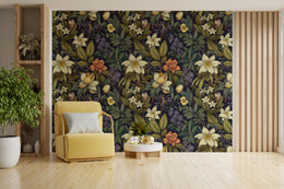 Trendy guest room wall decor featuring botanical floral wallpaper with artistic florals, perfect inviting atmosphere