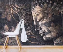 Luxury spiritual Buddha wallpaper mural in dark gold marble tones for elegant home office decor