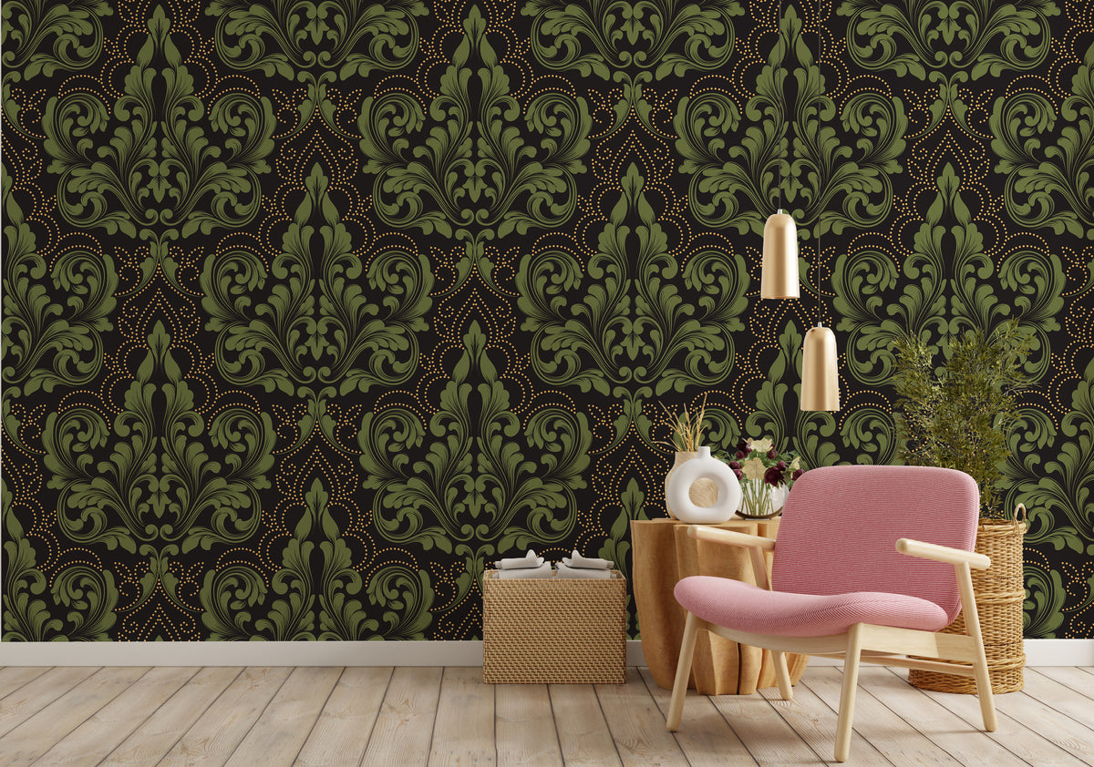 Dark Green Damask Wallpaper for Bold Luxury Statement Walls Peel and Stick