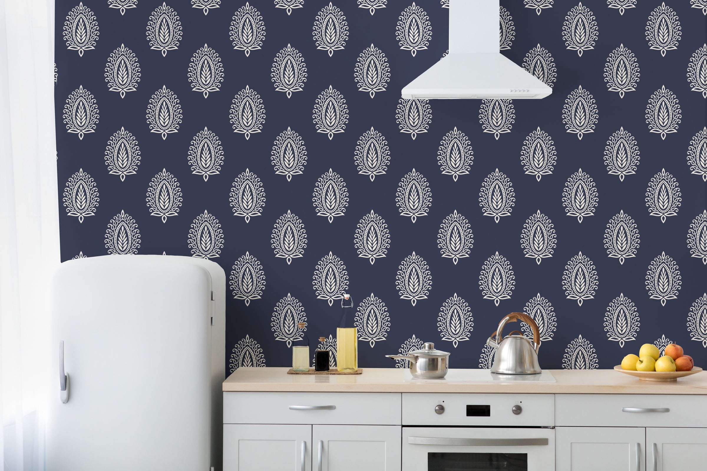 Paisley wallpaper navy boho pattern adds stylish depth to modern kitchen backsplash wall
