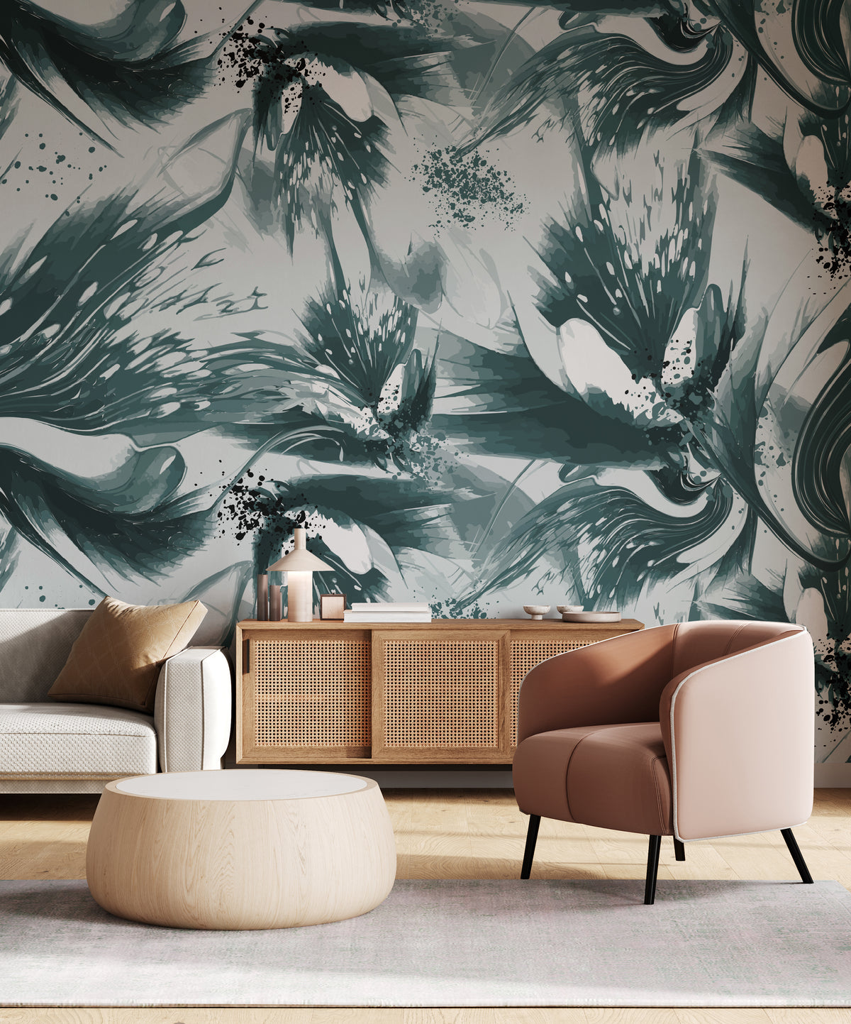 Abstract Floral Wall Mural Peel and Stick  Bold Teal Flow Living Room Accent