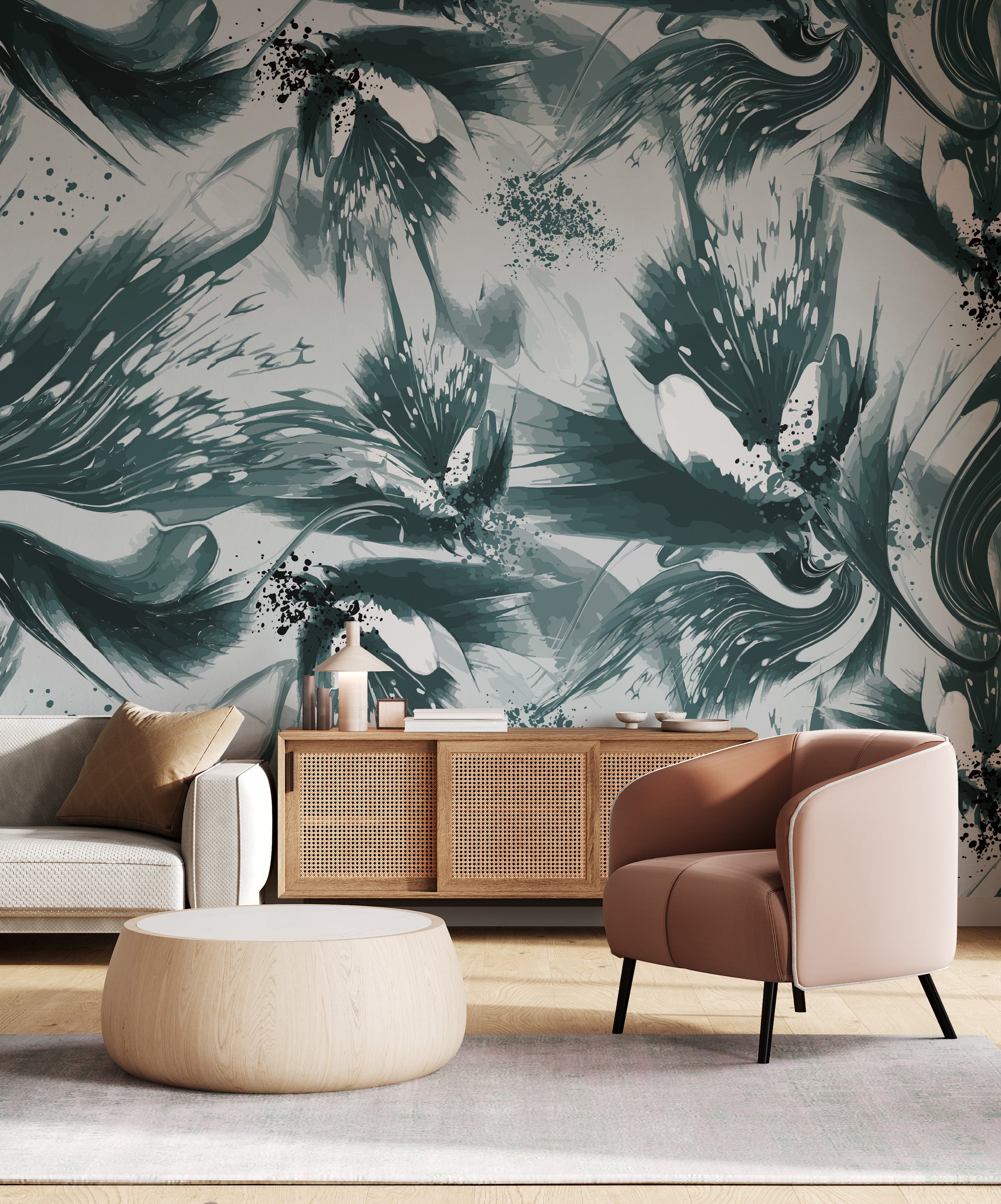 Abstract floral wall mural with teal ink splashes enhancing modern living room decor