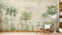 Timeless Roman architecture wallpaper with tropical greenery, ideal for Arizona, Dubai, Rome, and modern luxury living spaces.