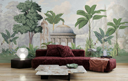 Botanical palace wallpaper with tropical trees in sage green living room decor