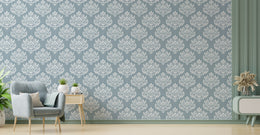 Sophisticated vintage damask wall art complementing stylish dining environment with refined decorative detailing.