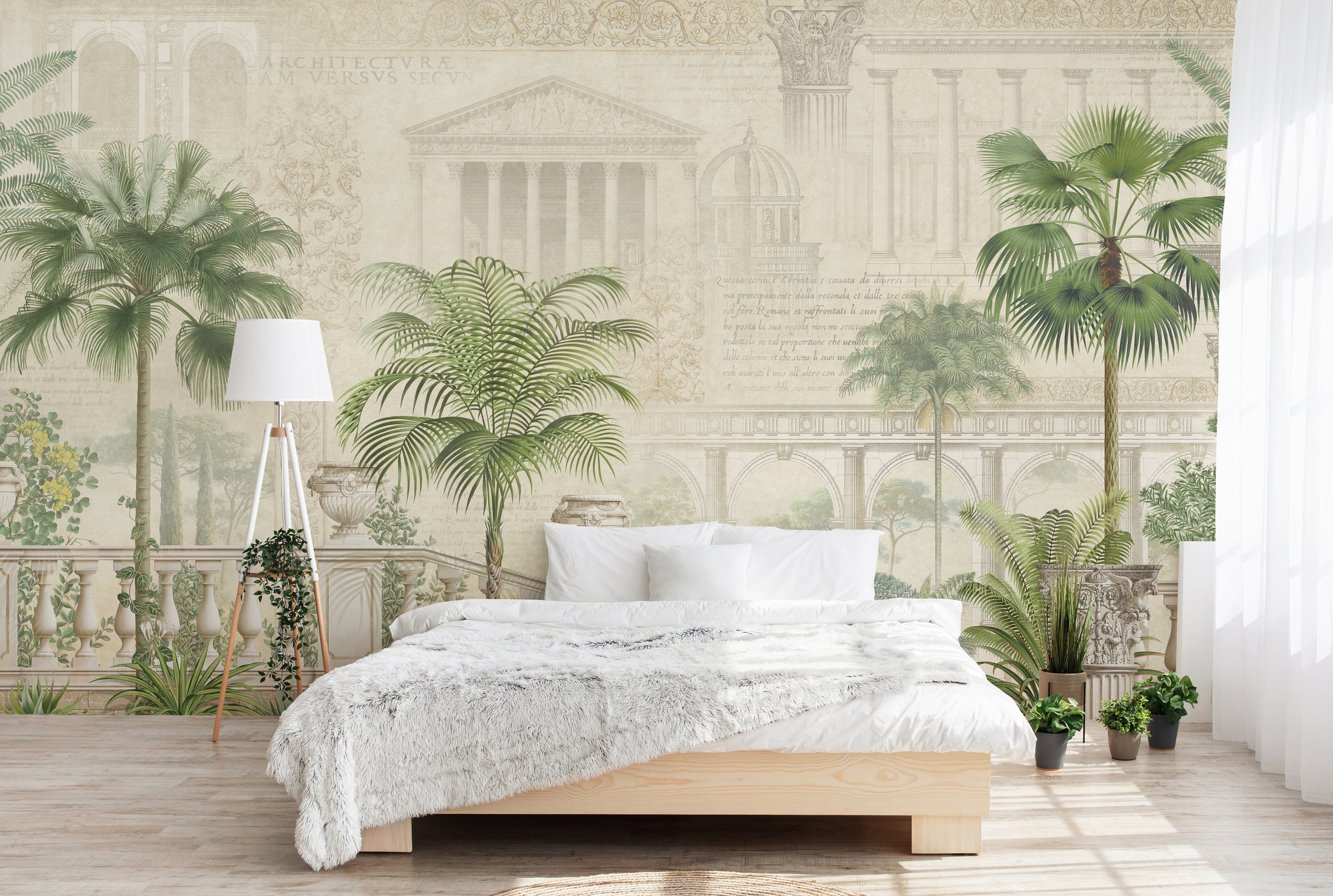 Classic garden mural wallpaper with tropical plants and pillars, enhancing elegant interiors in London homes.