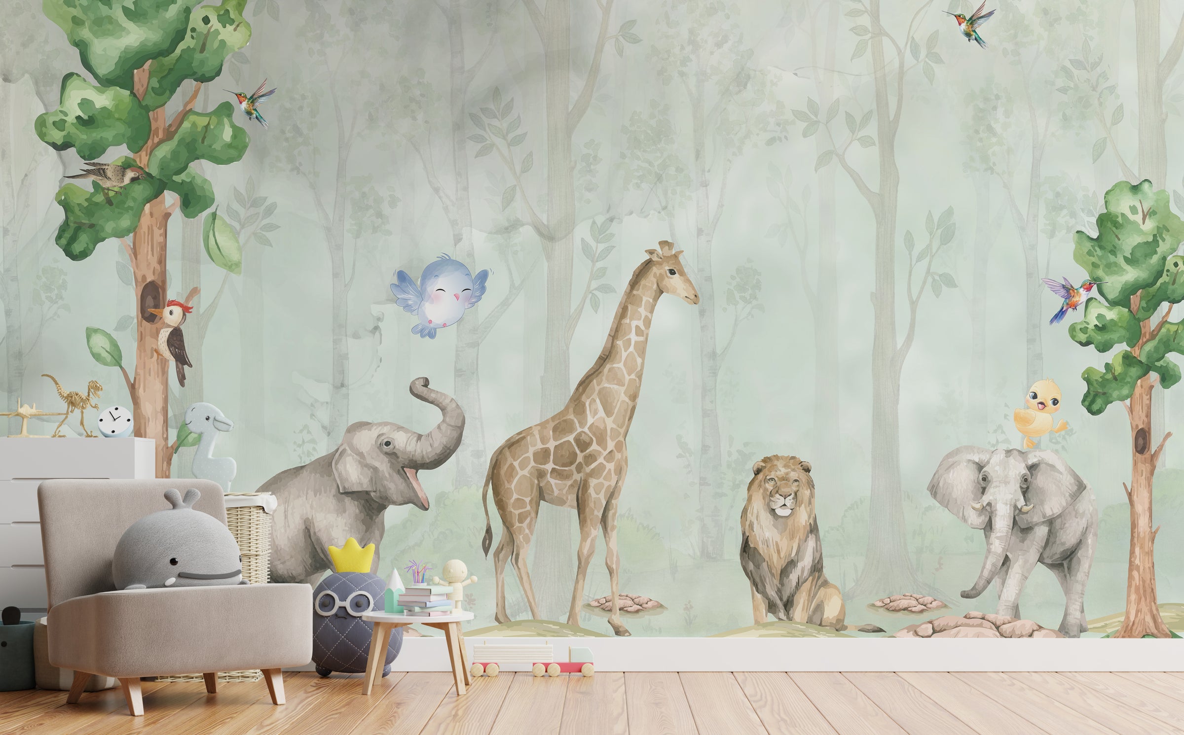 Watercolor Safari Animal Wall Mural | Green Jungle Peel and Stick Wallpaper