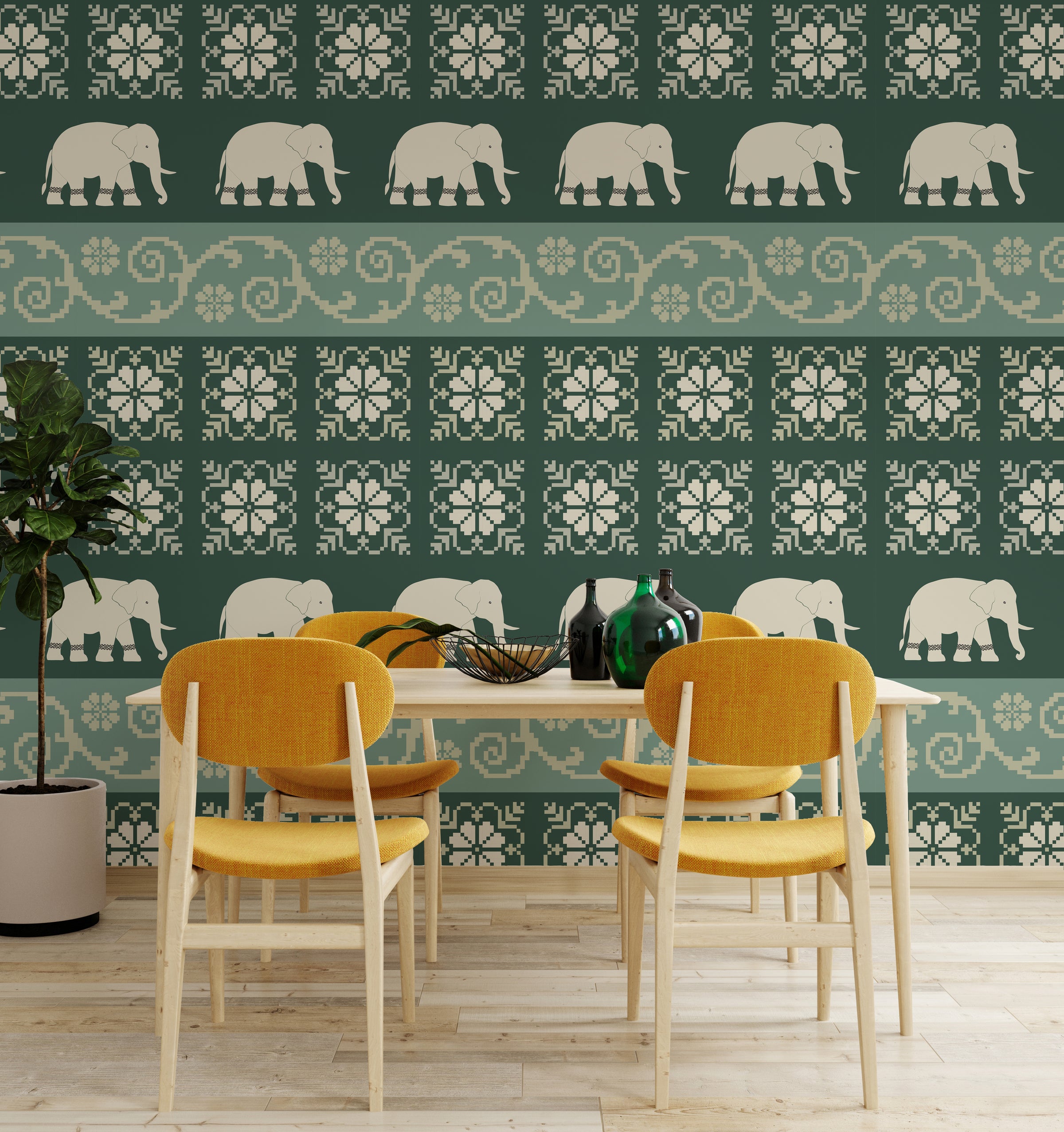 Dark green elephant wallpaper ethnic pattern for modern lounge decor setup