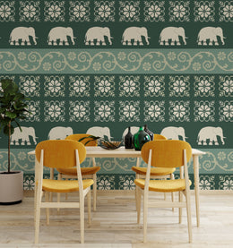 Dark green elephant wallpaper ethnic pattern for modern lounge decor setup