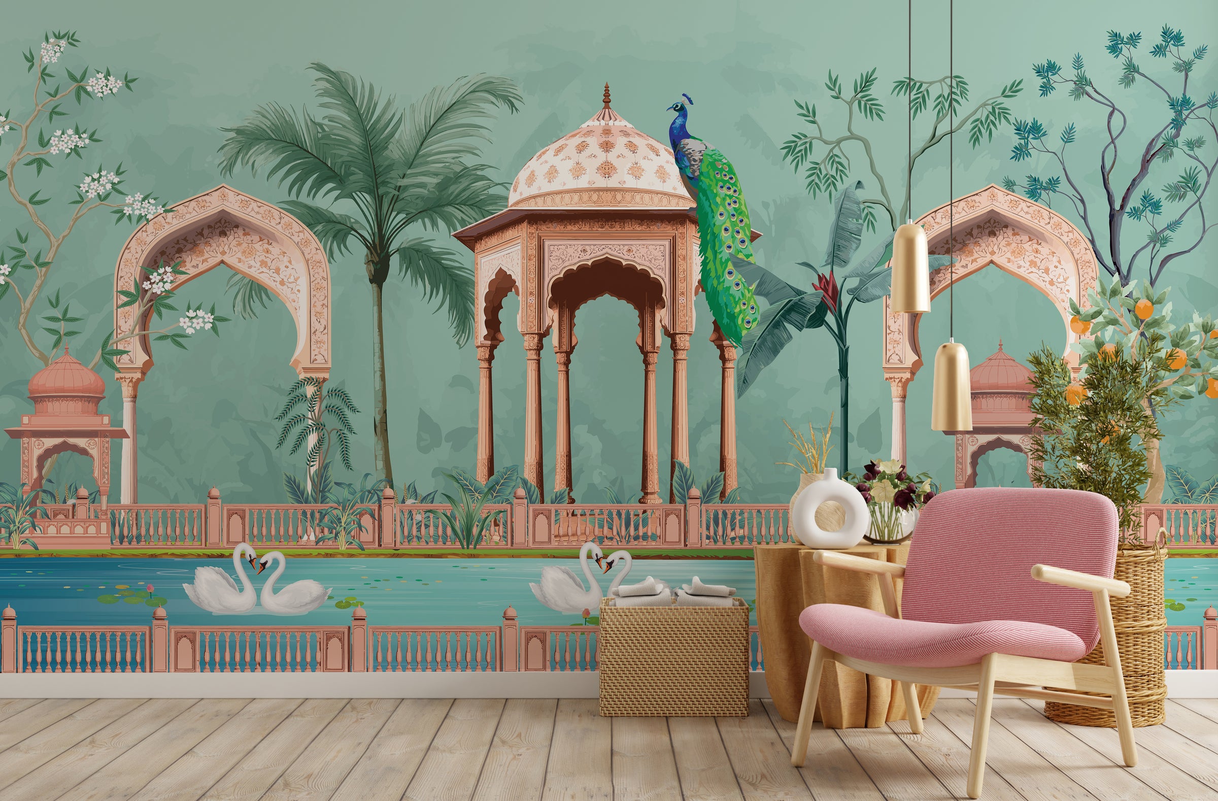 Luxury botanical wall mural removable with peacock arches for hallway entrance 
