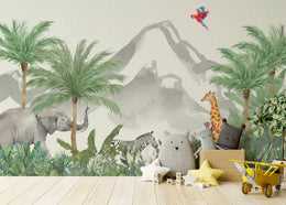 Playful jungle kids mural with bright parrot, friendly wild animals, and layered tropical mountains.
