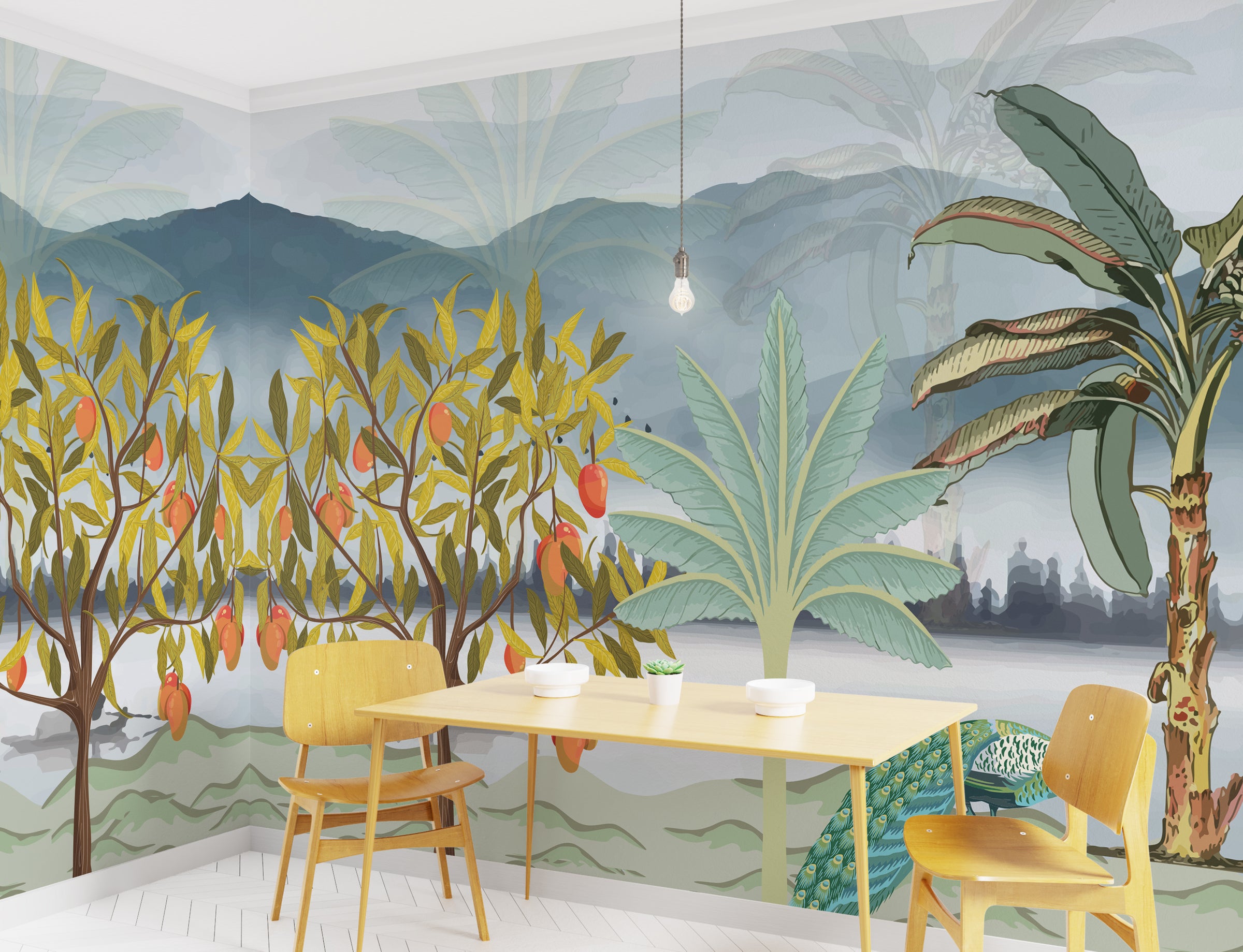 Tropical wall mural with mango trees and green leaves for dining room decor