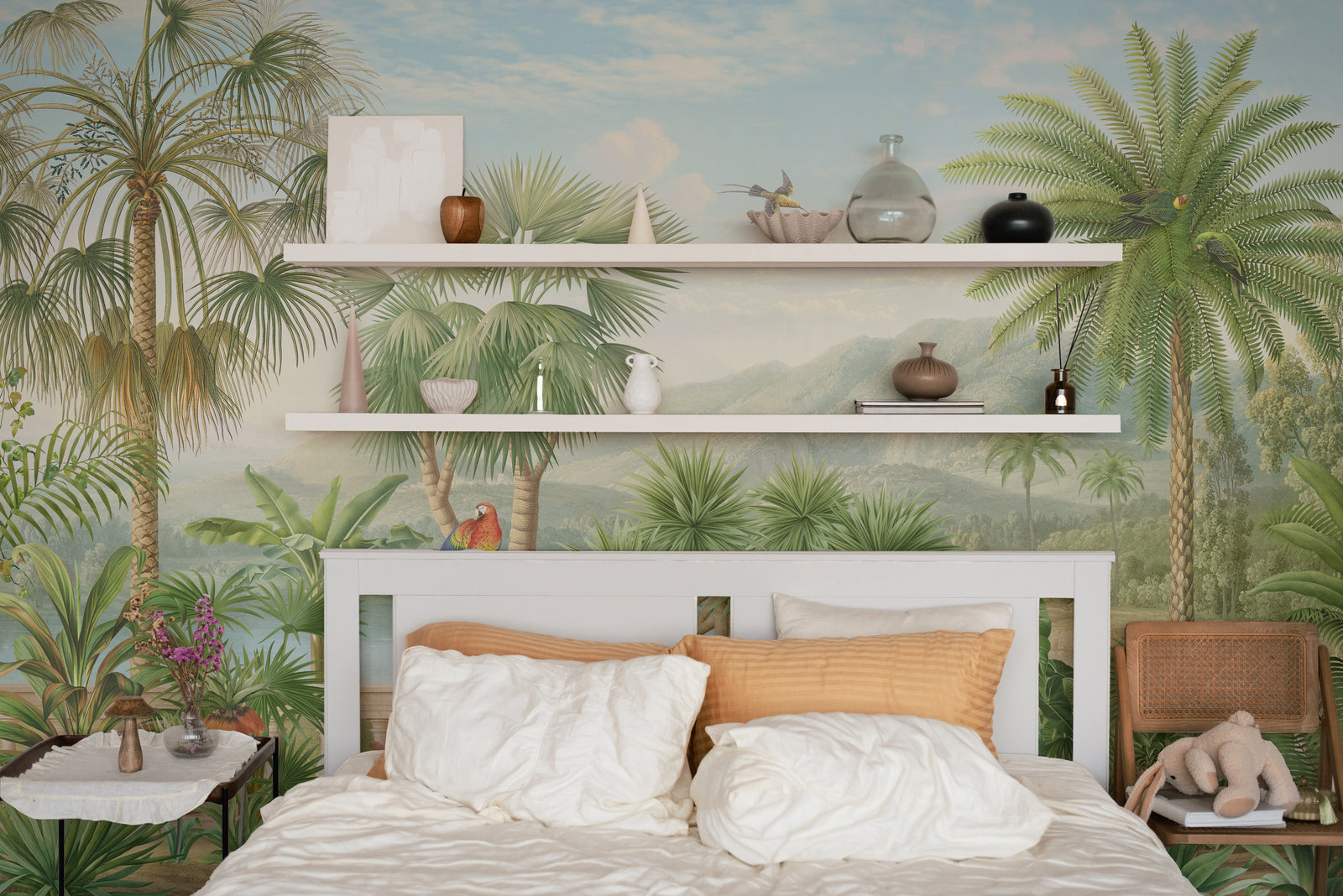 Scenic palm landscape wallpaper adding refreshing energy to apartment living space wall decor with botanical tropical environment.