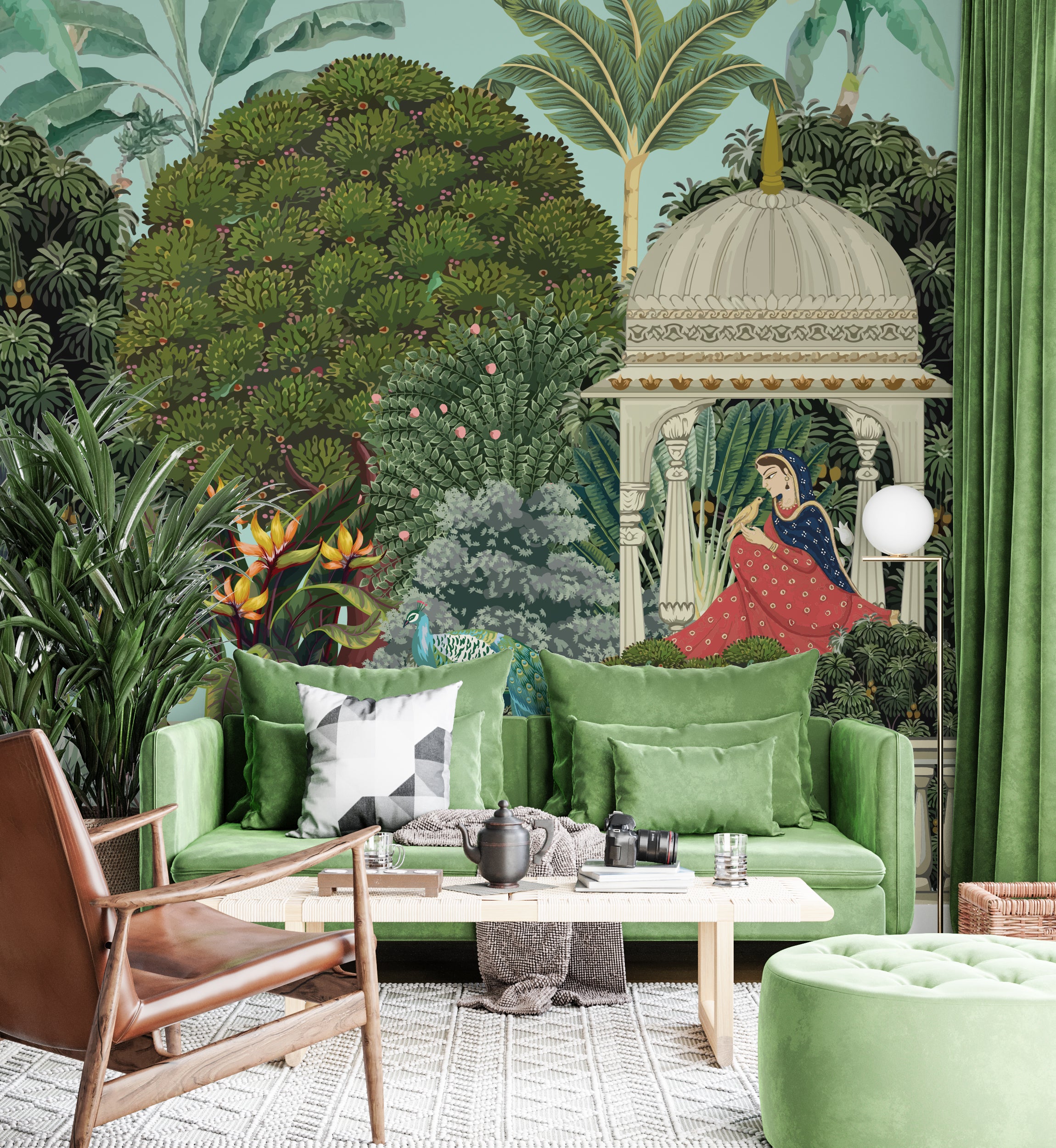 Exotic botanical wallpaper featuring peacocks and palm trees in soft green bedroom space