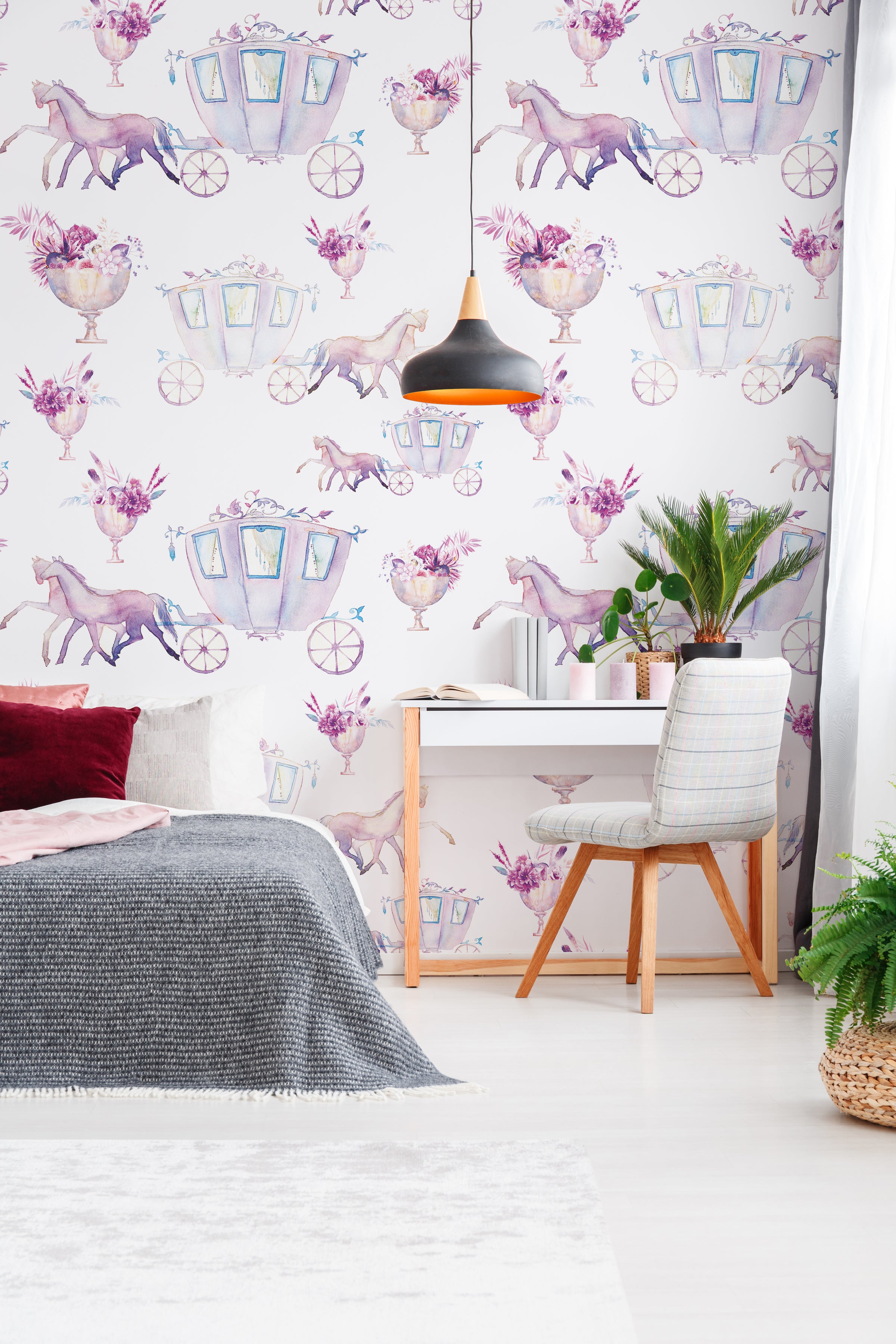 Fairy tale wallpaper with watercolor carriage, dreamy girls bedroom wall decor