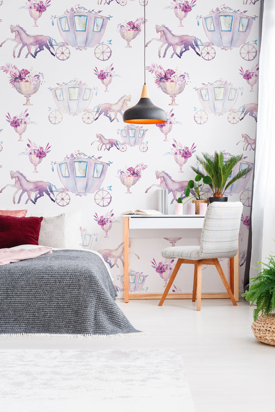 Pink and White Fairytale Wallpaper Peel and Stick Princess Fantasy Kids Wall Decor