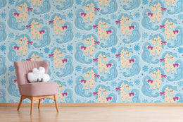 Blue unicorn kids wallpaper with star elements ideal for nursery and toddler rooms