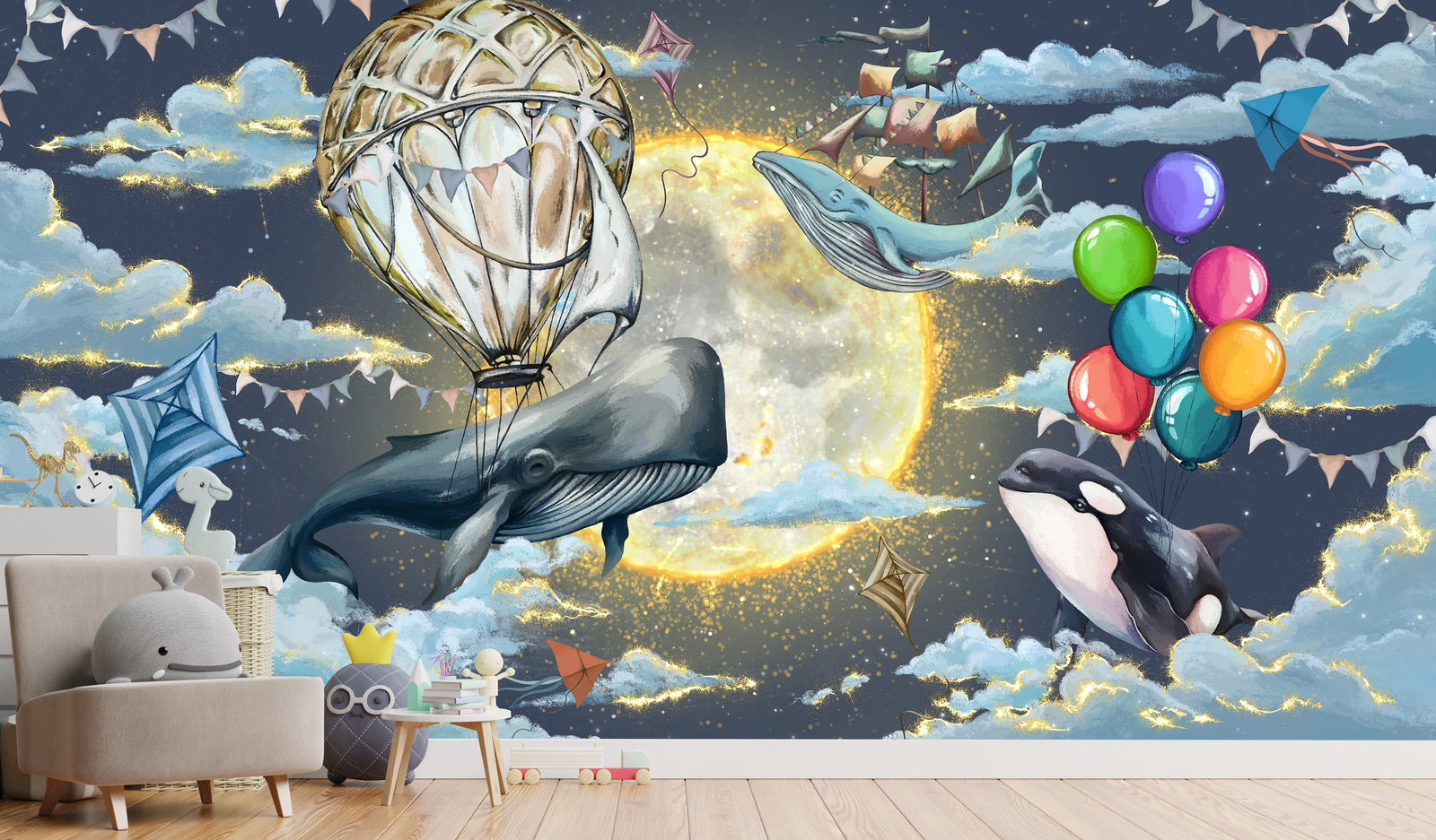 Elegant nursery wall design presenting imaginative ocean creature artwork with glowing lunar sky and dreamy cloud landscape.