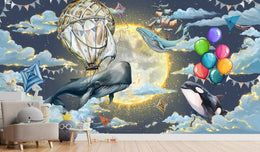 Elegant nursery wall design presenting imaginative ocean creature artwork with glowing lunar sky and dreamy cloud landscape.