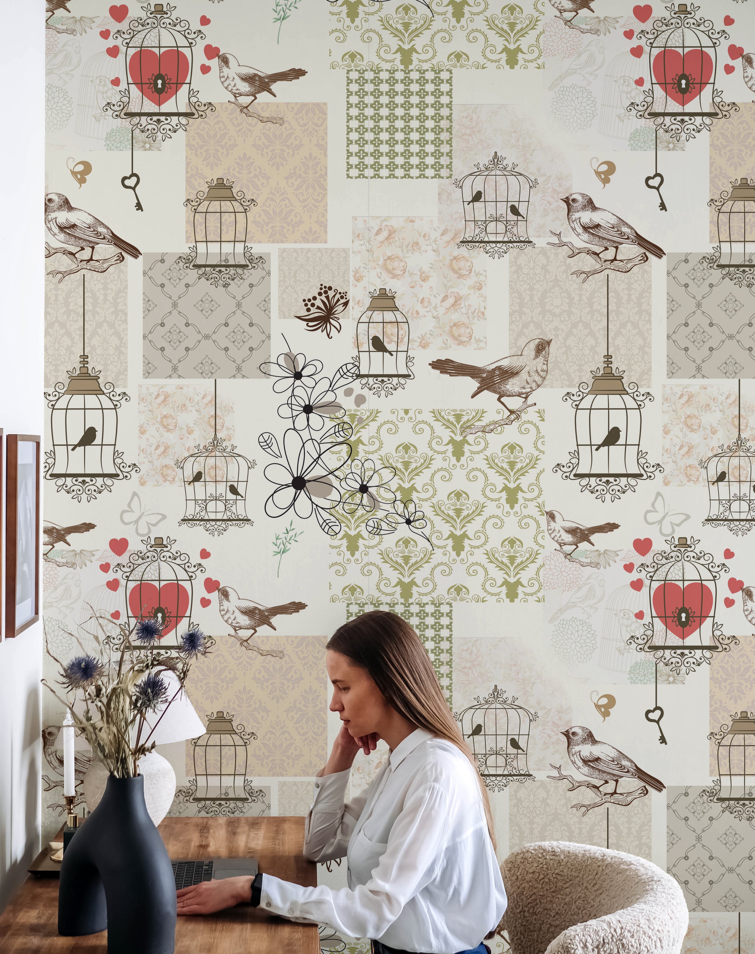 Classic countryside bird themed wallpaper mural enhancing farmhouse style study room and reading corner