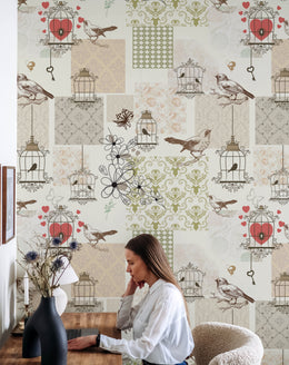 Classic countryside bird themed wallpaper mural enhancing farmhouse style study room and reading corner