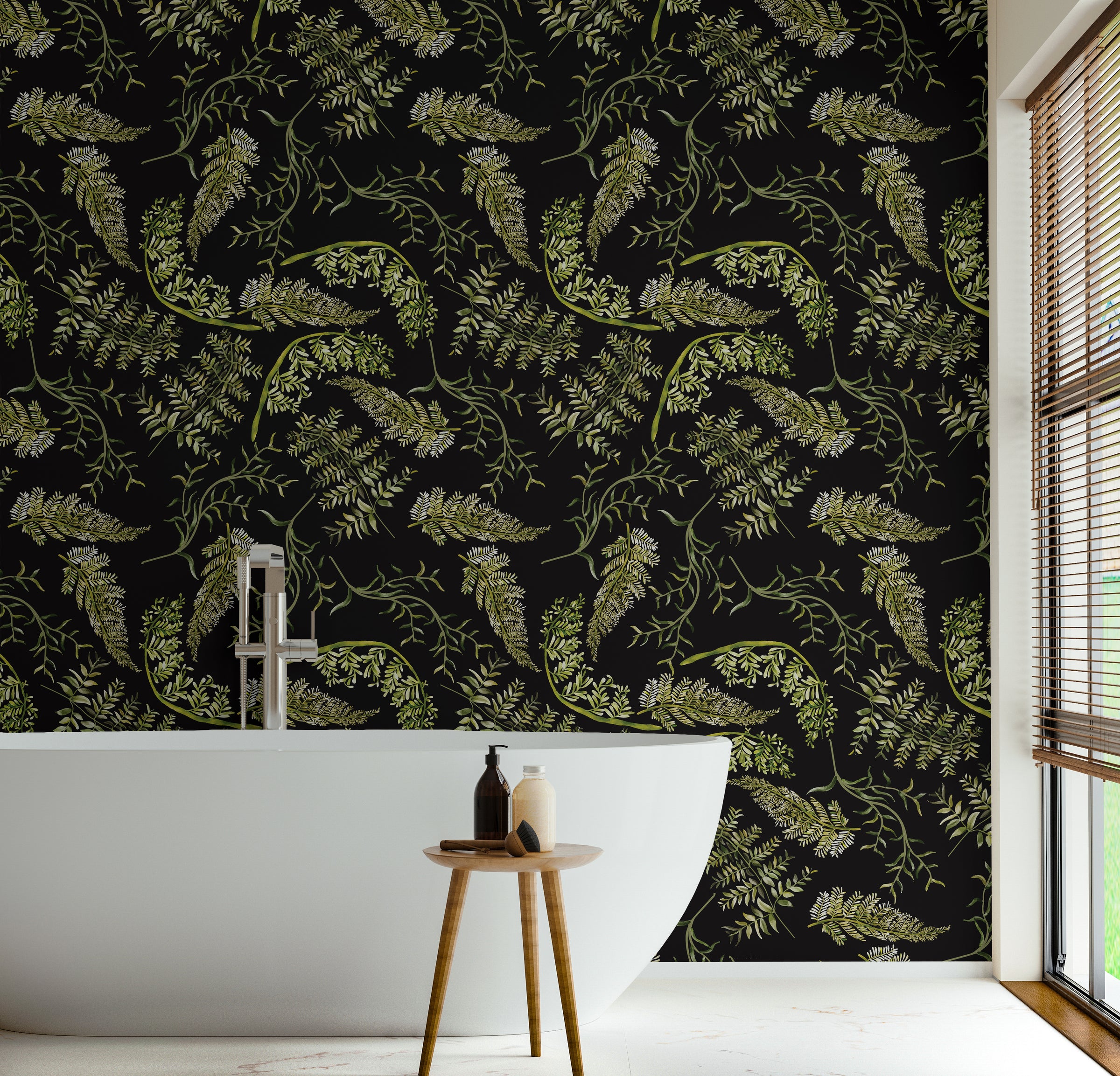 Stylish botanical fern wallpaper with green tones for elegant bathroom interiors