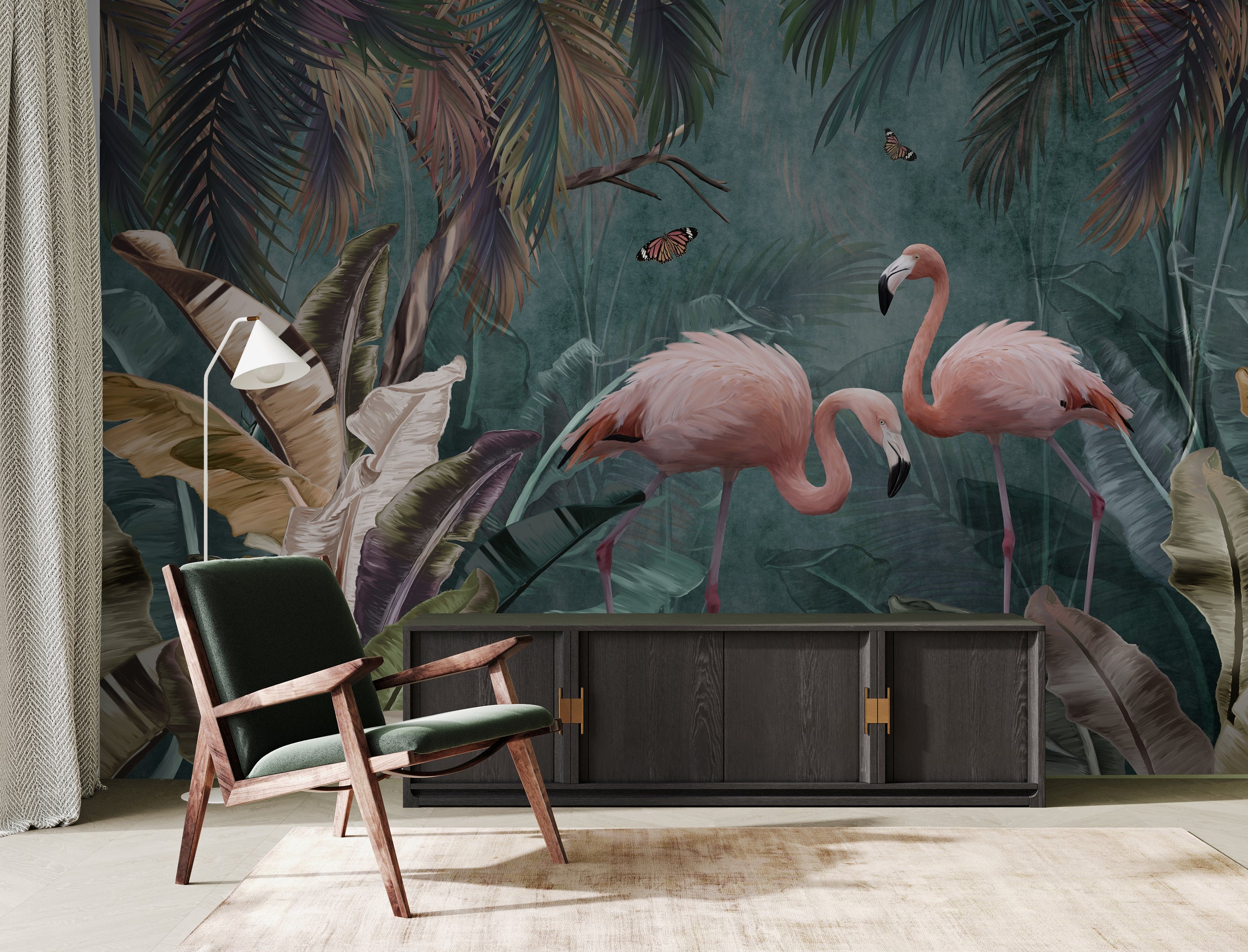 Pink Flamingo Tropical Peel and Stick Wallpaper | Teal Green Jungle Wallpaper
