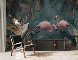 Pink Flamingo Tropical Peel and Stick Wallpaper | Teal Green Jungle Wallpaper